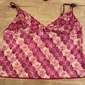 DKNY pink burgundy floral flowy mesh rose embroidered camisole L (12-14)